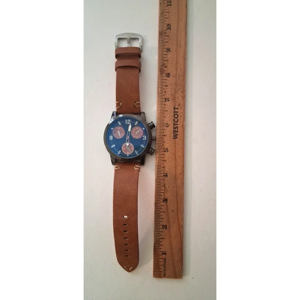 Chronograph Watch Dark Brown face Brown subdials Brown leather strap Working